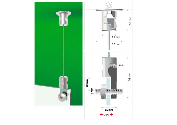 Sospensione a soffitto con adattatore per cartello e cavo metallico da 2 m